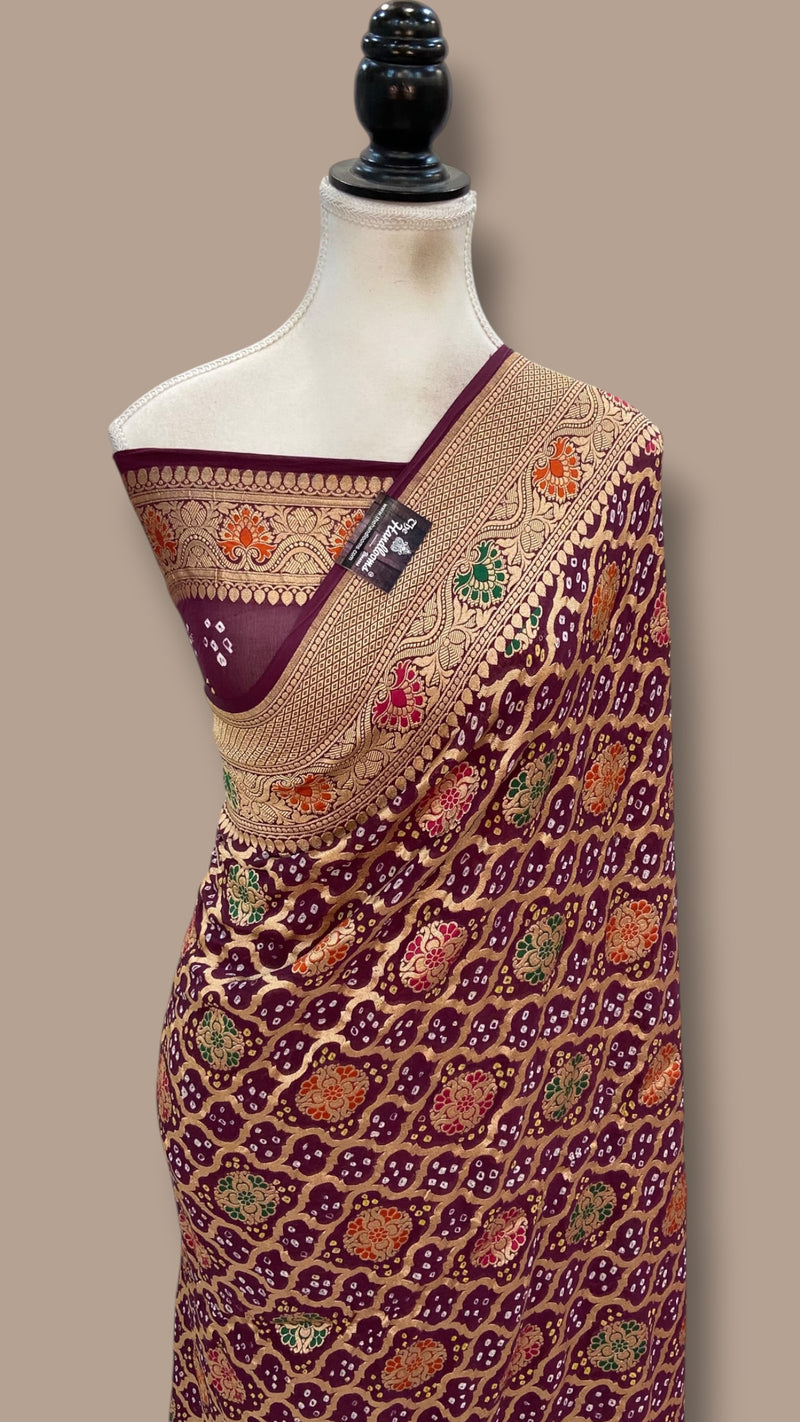 Pure Georgette Banarasi Bandhej Handloom Saree - Meenakari - The Handlooms