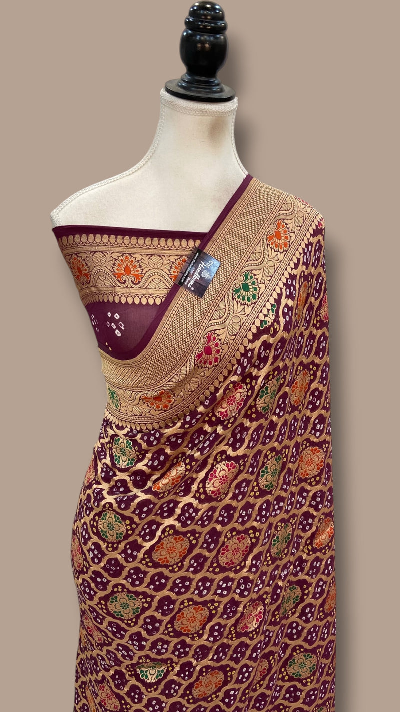 Pure Georgette Banarasi Bandhej Handloom Saree - Meenakari - The Handlooms