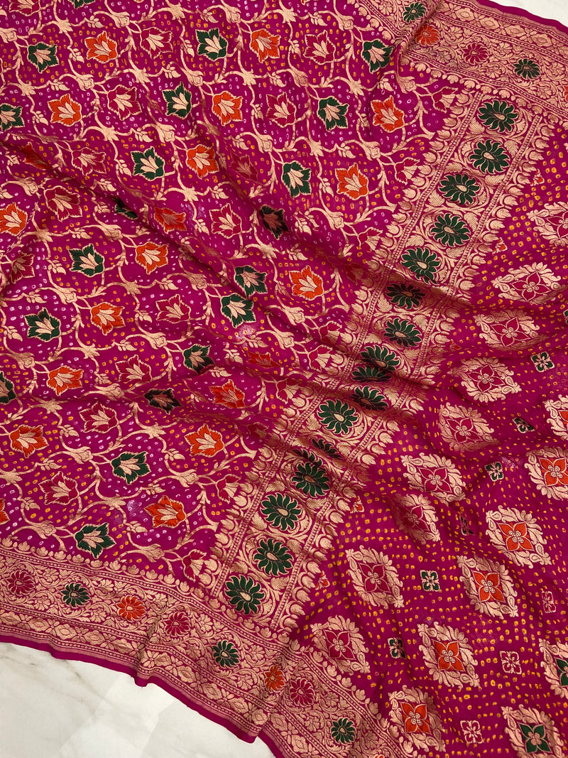 Pure Georgette Banarasi Bandhej Handloom Saree - with meenakari work - The Handlooms