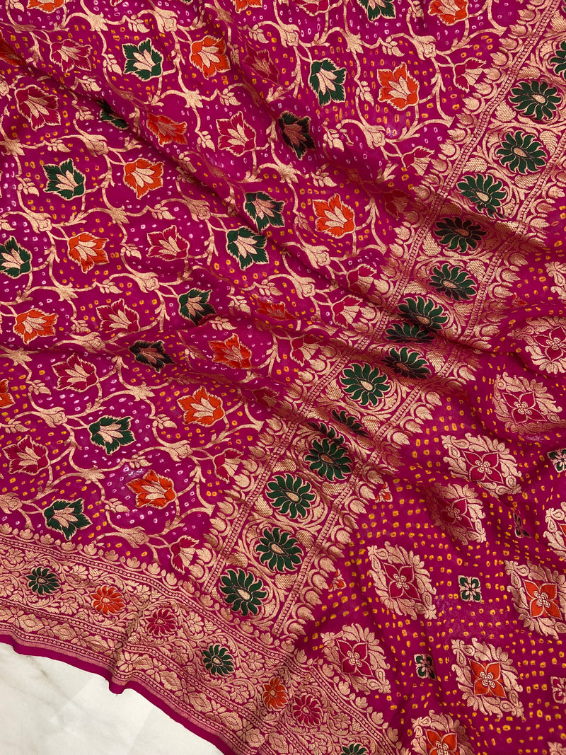 Pure Georgette Banarasi Bandhej Handloom Saree - with meenakari work - The Handlooms