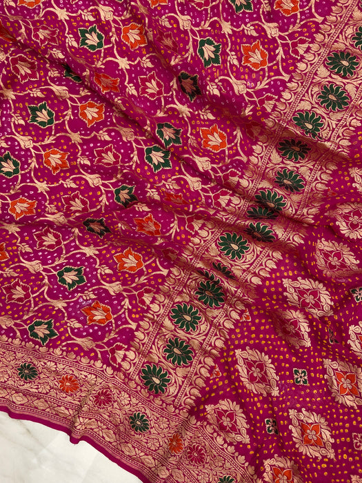 Pure Georgette Banarasi Bandhej Handloom Saree - with meenakari work