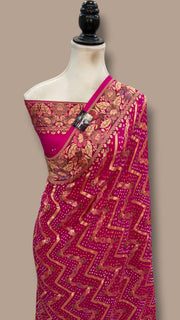 Pure Georgette Banarasi Bandhej Handloom Saree - Meenakari - The Handlooms