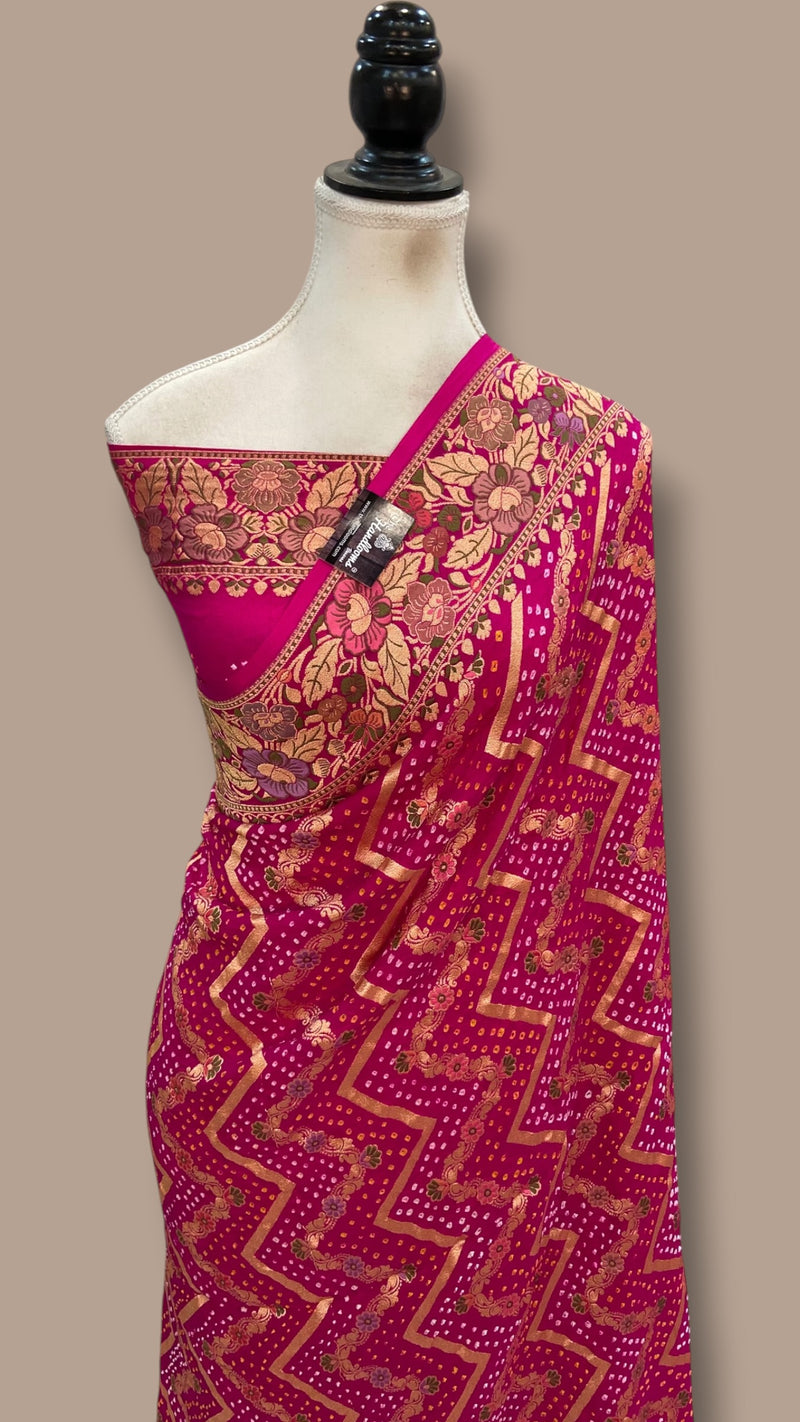 Pure Georgette Banarasi Bandhej Handloom Saree - Meenakari - The Handlooms