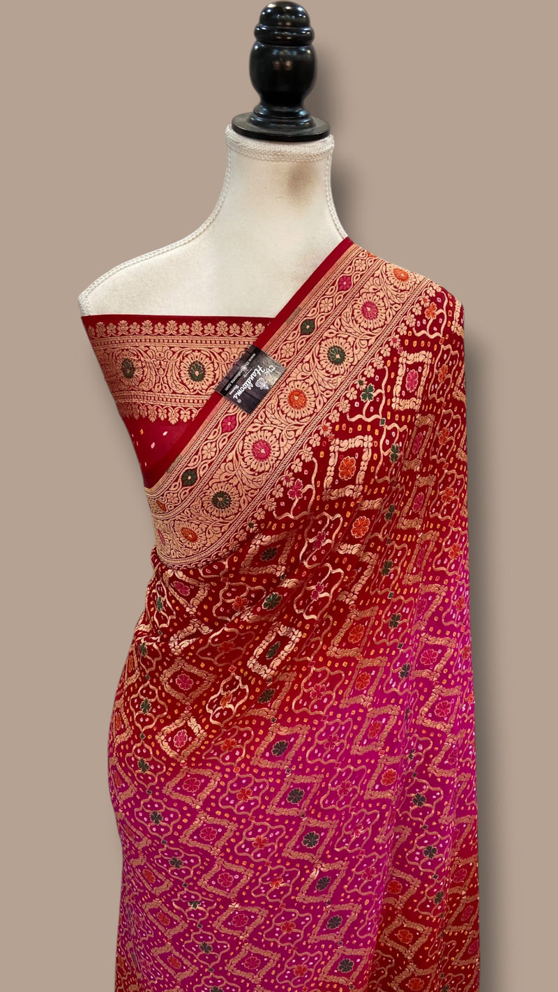 Pure Georgette Banarasi Bandhej Handloom Saree - Meenakari - The Handlooms