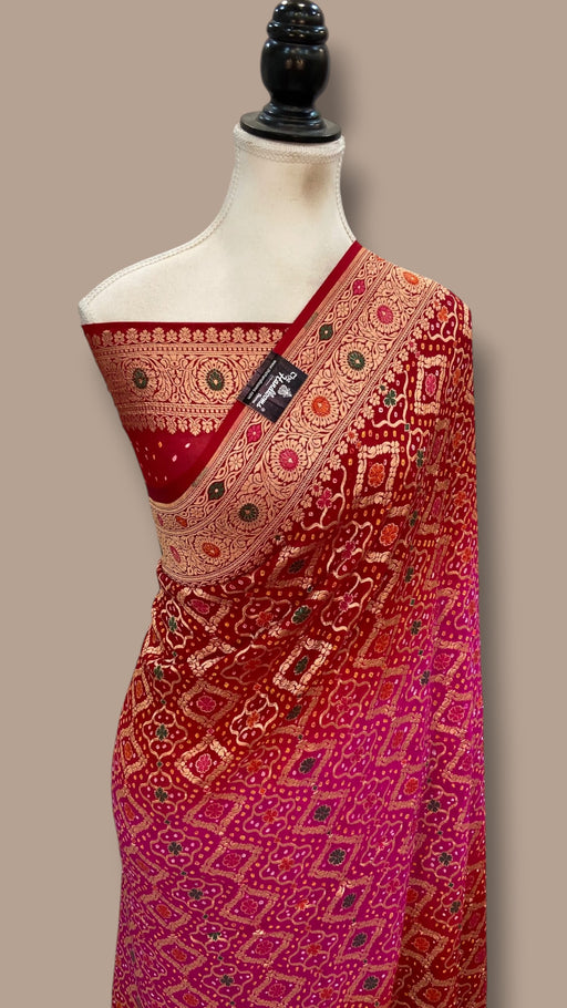 Pure Georgette Banarasi Bandhej Handloom Saree - Meenakari - The Handlooms