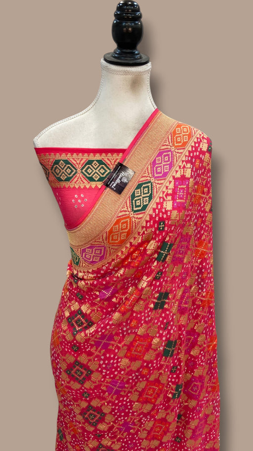 Pure Georgette Banarasi Bandhej Handloom Saree - Meenakari - The Handlooms
