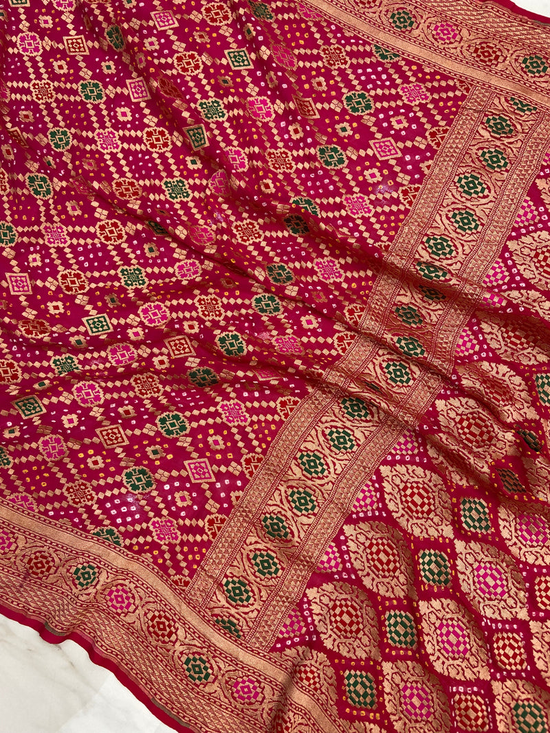 Pure Georgette Banarasi Bandhej Handloom Saree - with meenakari work - The Handlooms