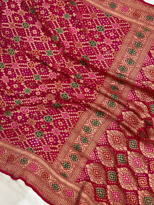 Pure Georgette Banarasi Bandhej Handloom Saree - with meenakari work