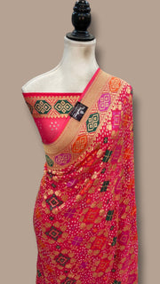 Pure Georgette Banarasi Bandhej Handloom Saree - Meenakari - The Handlooms
