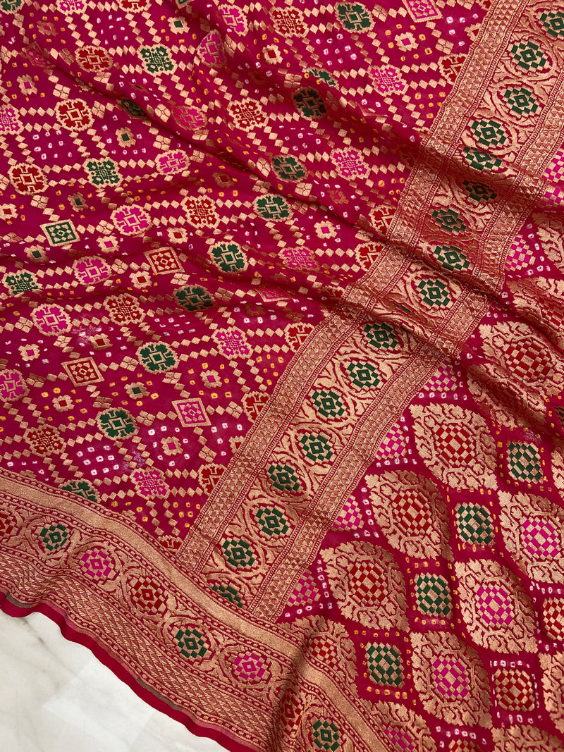 Pure Georgette Banarasi Bandhej Handloom Saree - with meenakari work - The Handlooms