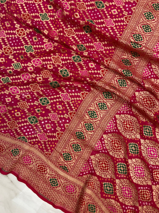 Pure Georgette Banarasi Bandhej Handloom Saree - with meenakari work