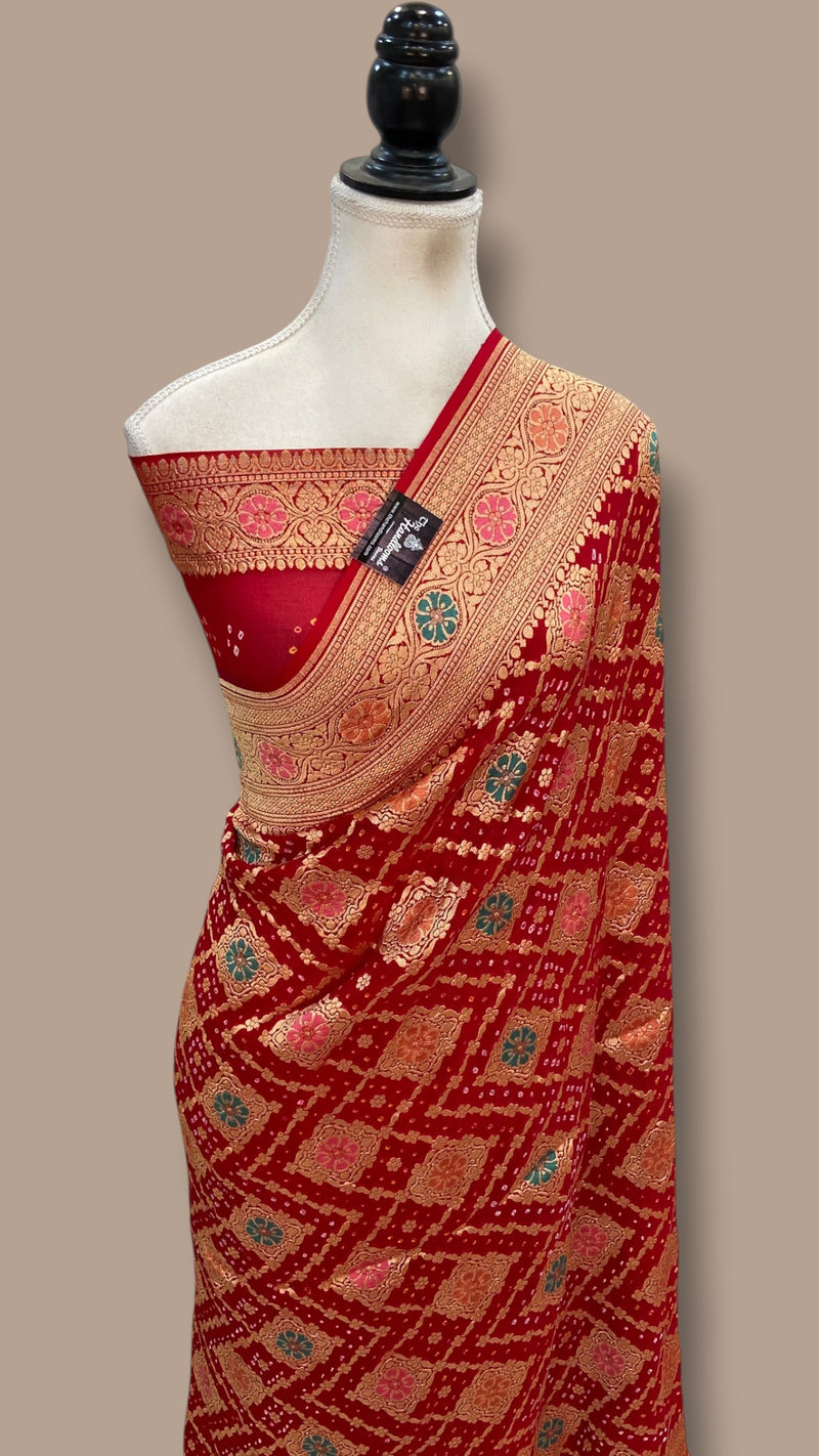 Pure Georgette Banarasi Bandhej Handloom Saree - Meenakari