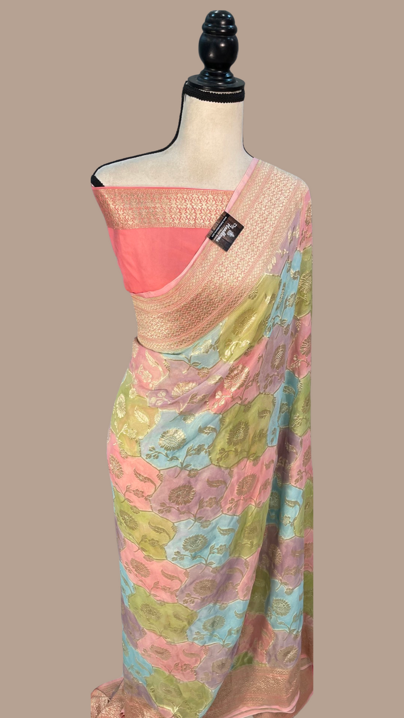 Multi Shaded Peach Khaddi Georgette Handloom Banarasi Saree - The Handlooms