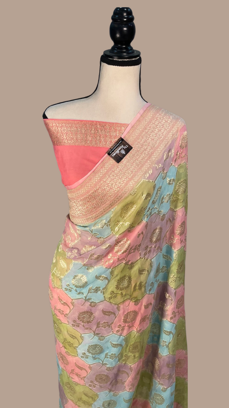 Multi Shaded Peach Khaddi Georgette Handloom Banarasi Saree - The Handlooms