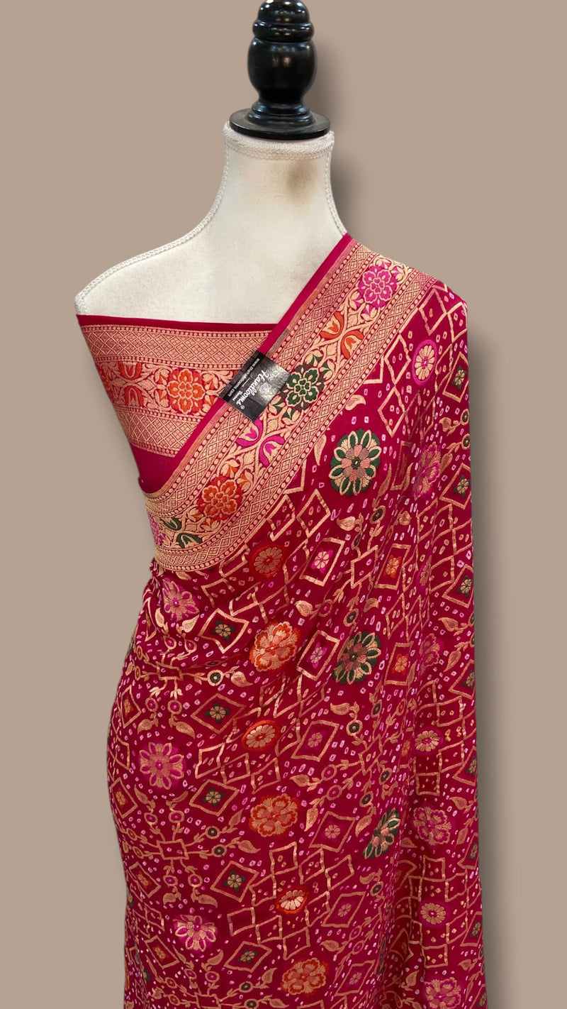 Pure Georgette Banarasi Bandhej Handloom Saree - Meenakari - The Handlooms