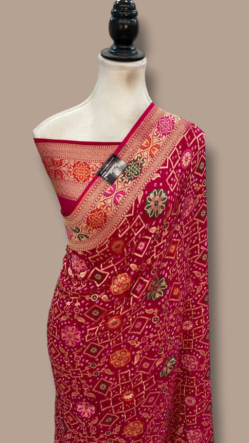 Pure Georgette Banarasi Bandhej Handloom Saree - Meenakari - The Handlooms