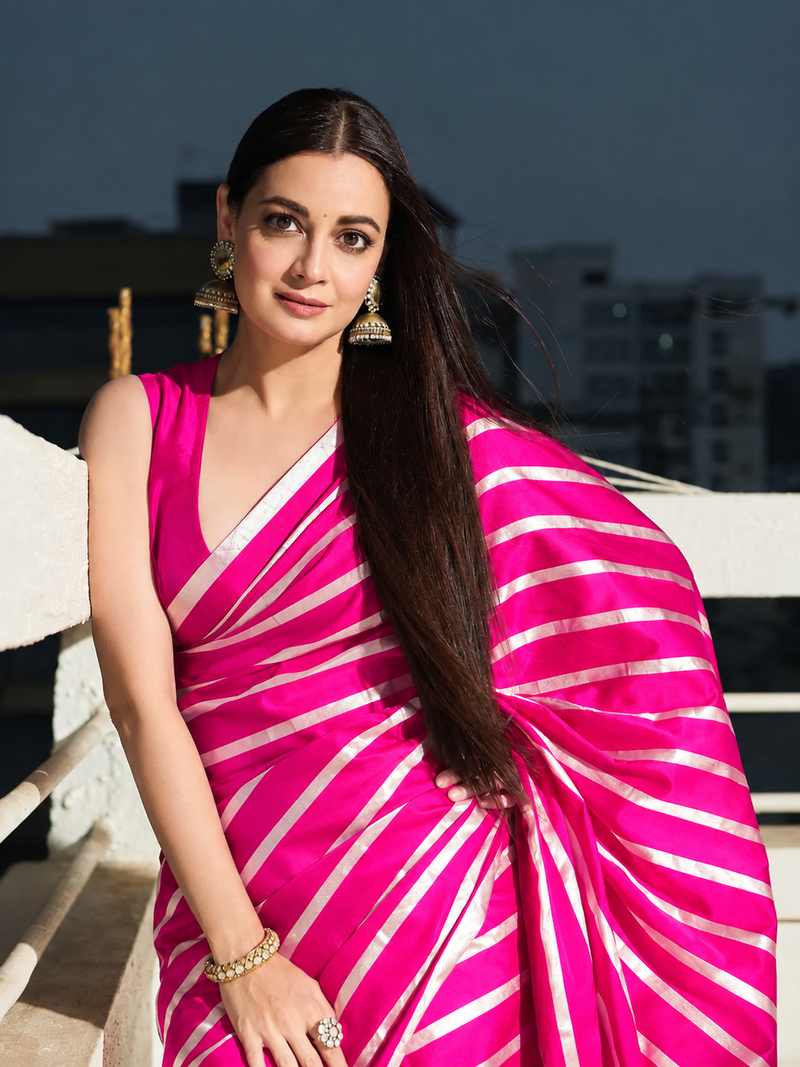 Dia Mirza in Pure Katan Silk Banarasi Handloom Saree - Silver Zari Stripe