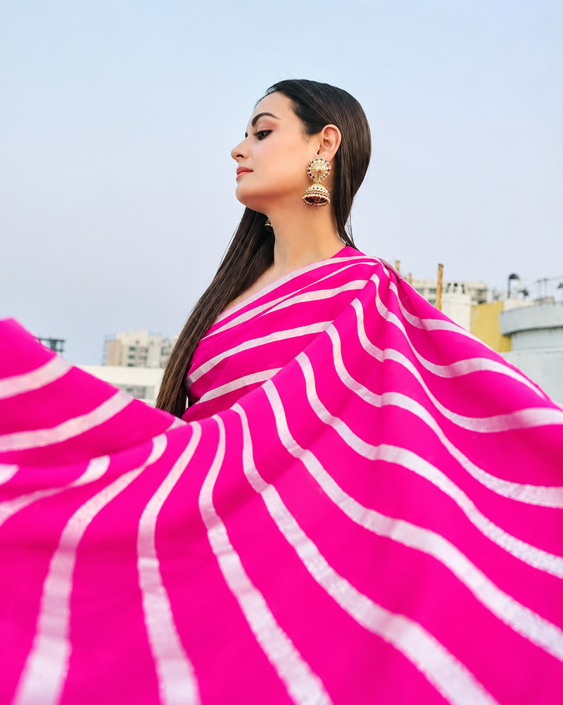 Dia Mirza in Pure Katan Silk Banarasi Handloom Saree - Silver Zari Stripe