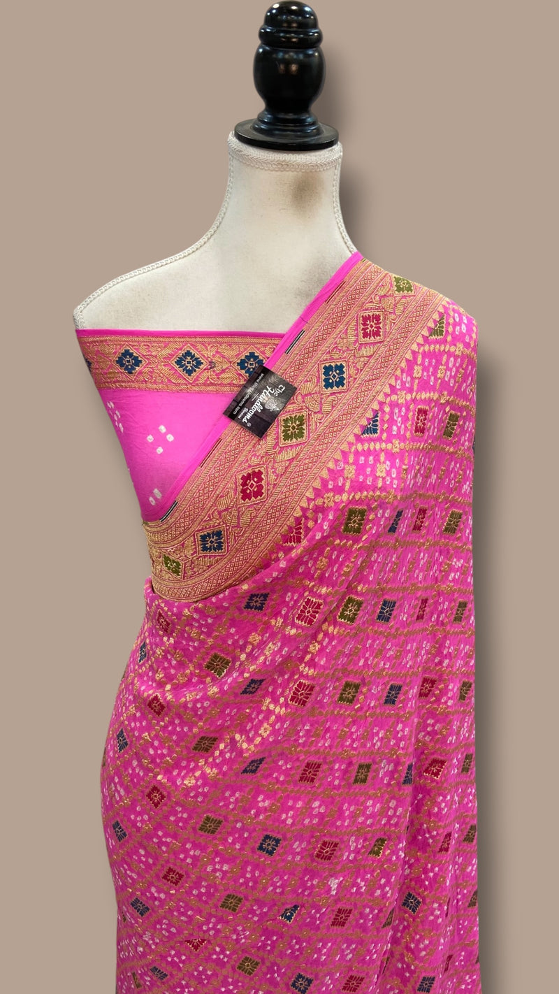 Pure Georgette Banarasi Bandhej Handloom Saree - Meenakari - The Handlooms