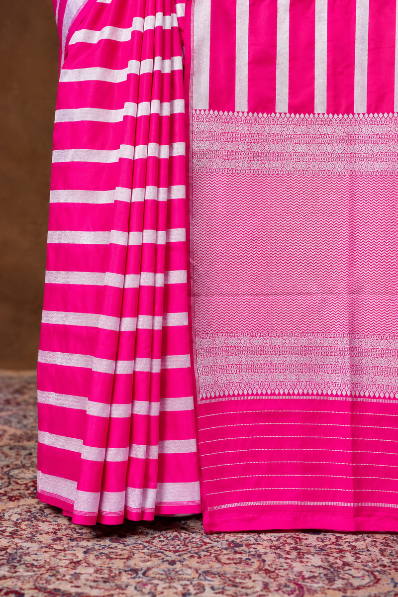 Dia Mirza in Pure Katan Silk Banarasi Handloom Saree - Silver Zari Stripe