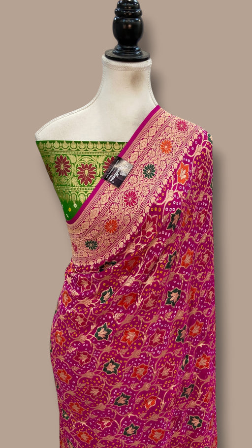 Pure Georgette Banarasi Bandhej Handloom Saree - Meenakari - The Handlooms