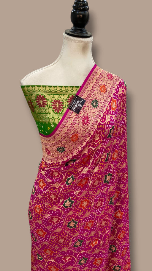 Pure Georgette Banarasi Bandhej Handloom Saree - Meenakari - The Handlooms