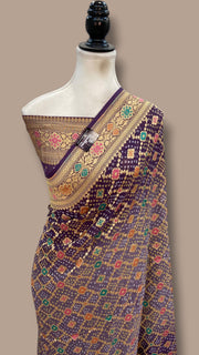 Pure Georgette Banarasi Bandhej Handloom Saree - Meenakari - The Handlooms