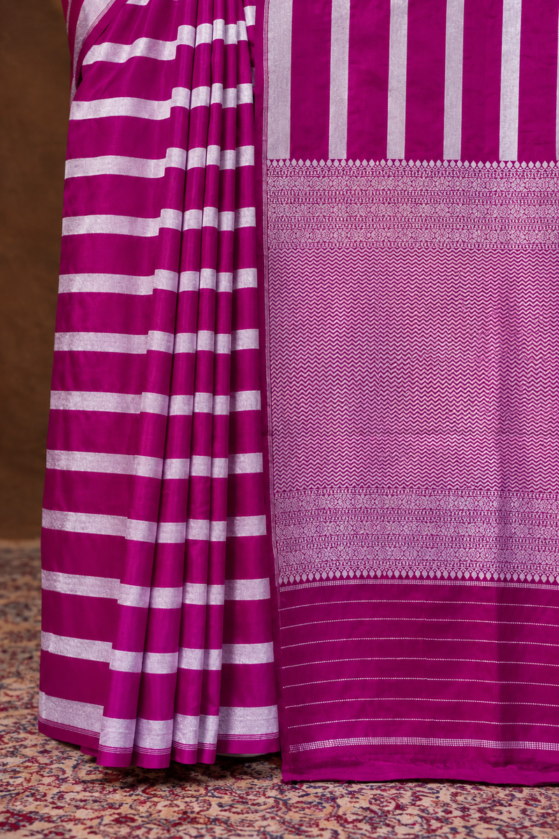 Dia Mirza in Pure Katan Silk Banarasi Handloom Saree - Silver Zari Stripe