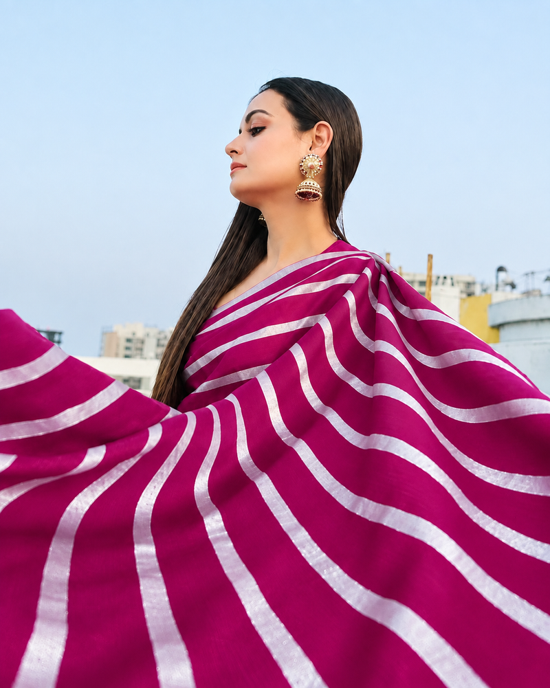 Dia Mirza in Pure Katan Silk Banarasi Handloom Saree - Silver Zari Stripe