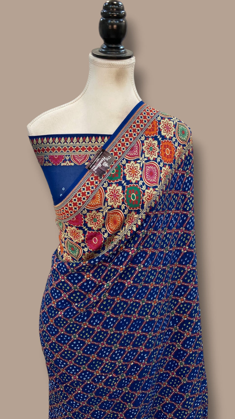 Pure Georgette Banarasi Bandhej Handloom Saree - Meenakari - The Handlooms