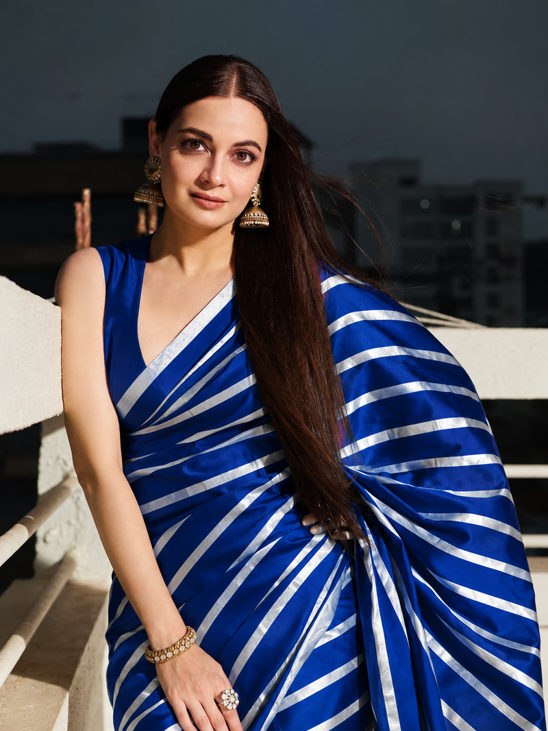 Dia Mirza in Pure Katan Silk Banarasi Handloom Saree - Silver Zari Stripe