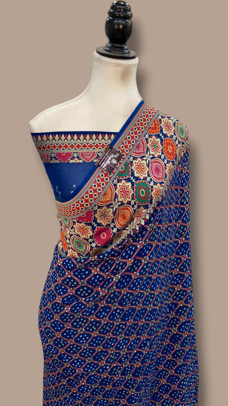 Pure Georgette Banarasi Bandhej Handloom Saree - Meenakari - The Handlooms