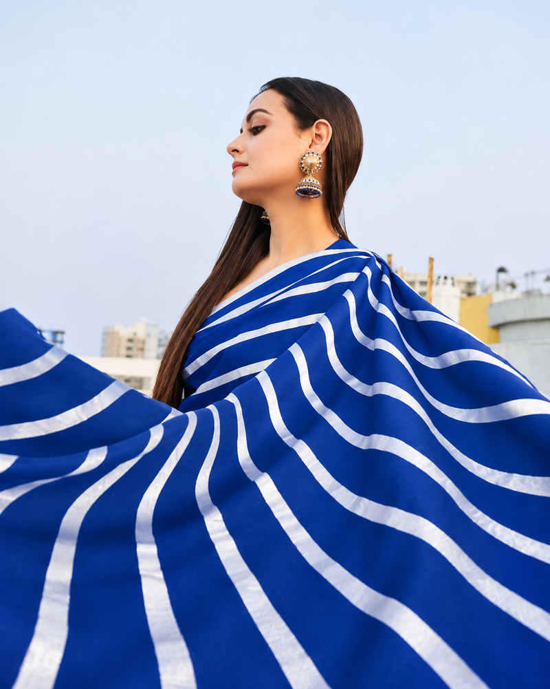 Dia Mirza in Pure Katan Silk Banarasi Handloom Saree - Silver Zari Stripe
