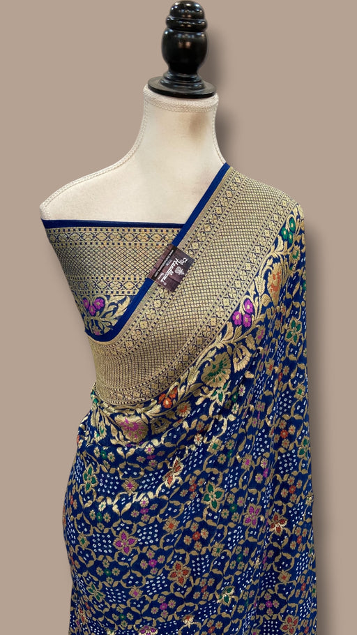 Pure Georgette Banarasi Bandhej Handloom Saree - Meenakari - The Handlooms