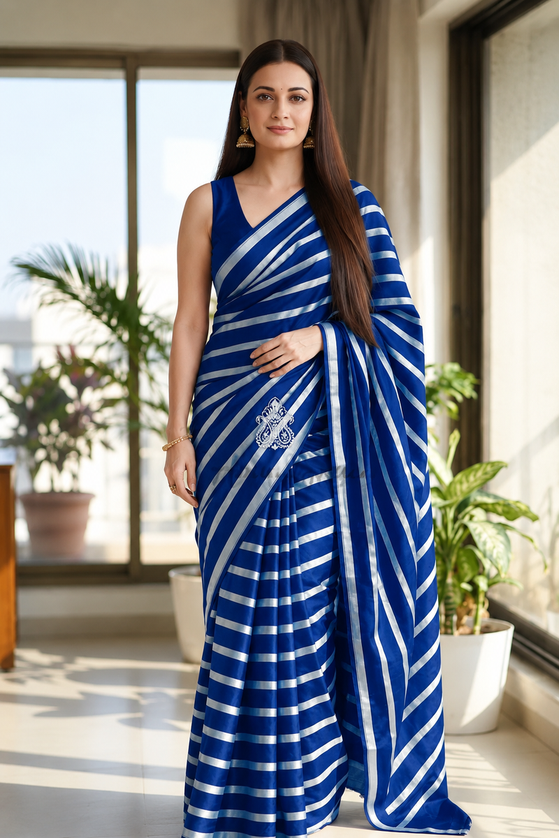 Dia Mirza in Pure Katan Silk Banarasi Handloom Saree - Silver Zari Stripe