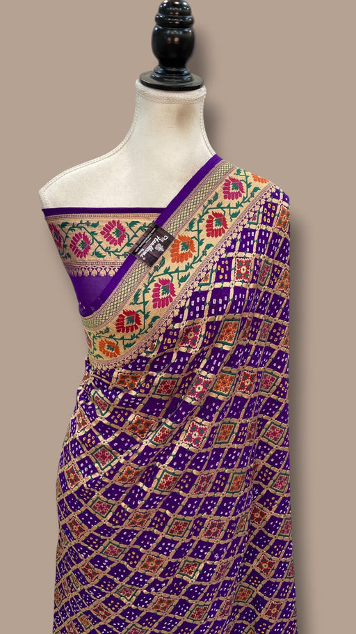 Pure Georgette Banarasi Bandhej Handloom Saree - Meenakari - The Handlooms