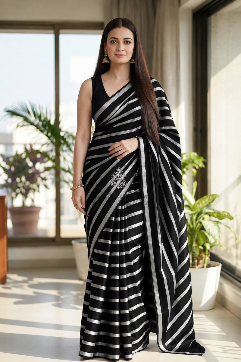Dia Mirza in Pure Katan Silk Banarasi Handloom Saree - Silver Zari Stripe