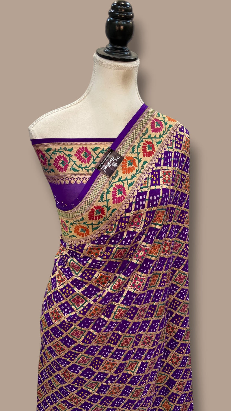 Pure Georgette Banarasi Bandhej Handloom Saree - Meenakari - The Handlooms