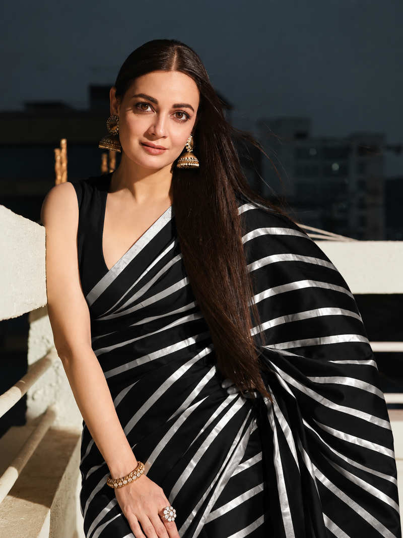 Dia Mirza in Pure Katan Silk Banarasi Handloom Saree - Silver Zari Stripe