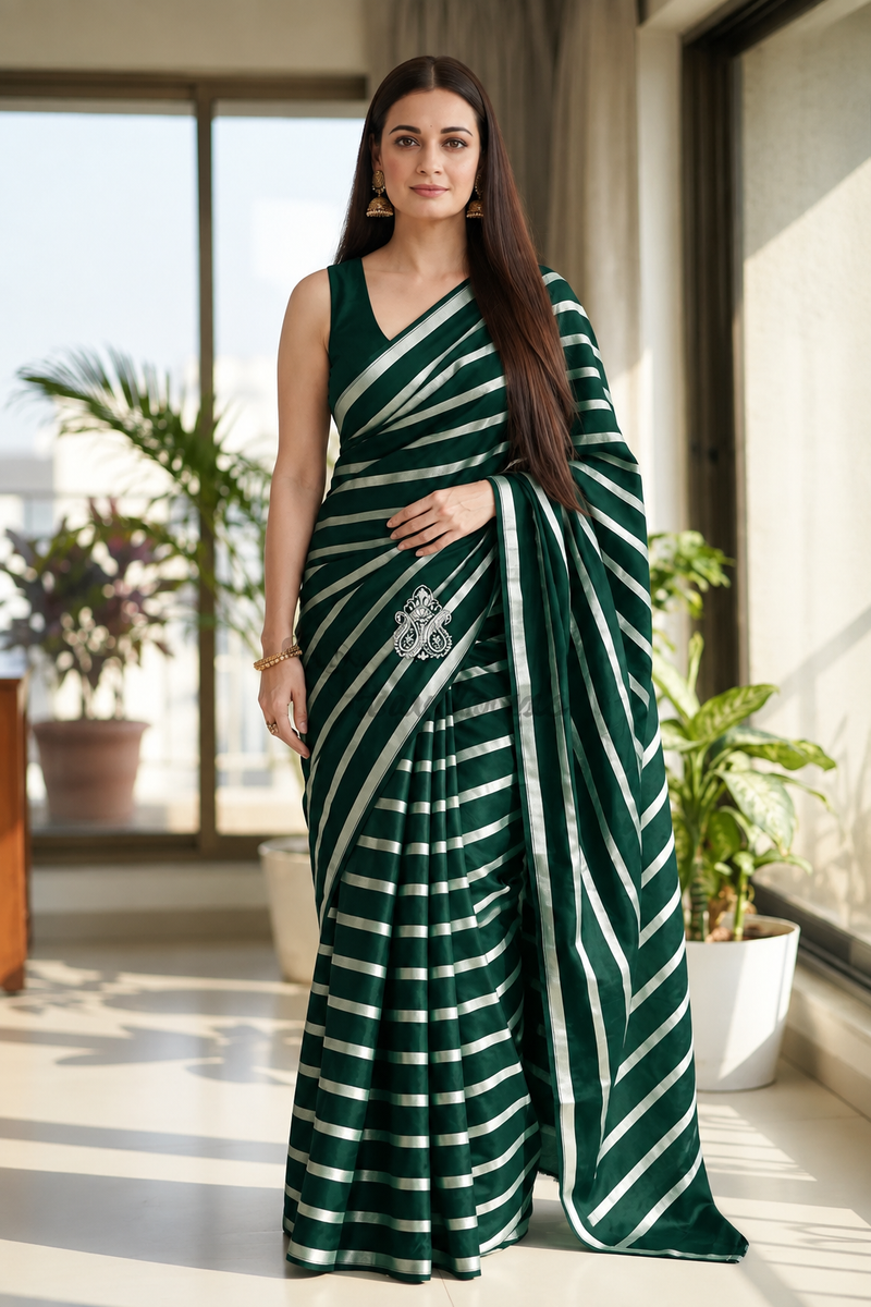 Dia Mirza in Pure Katan Silk Banarasi Handloom Saree - Silver Zari Stripe