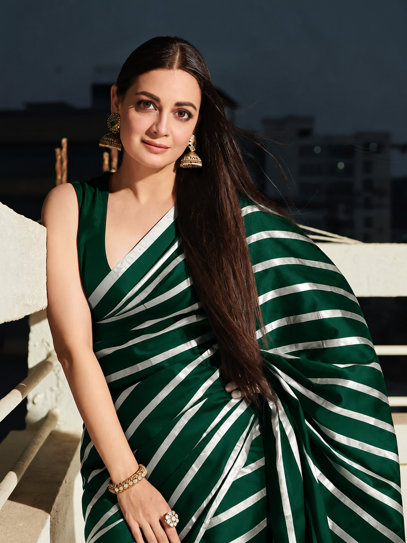 Dia Mirza in Pure Katan Silk Banarasi Handloom Saree - Silver Zari Stripe