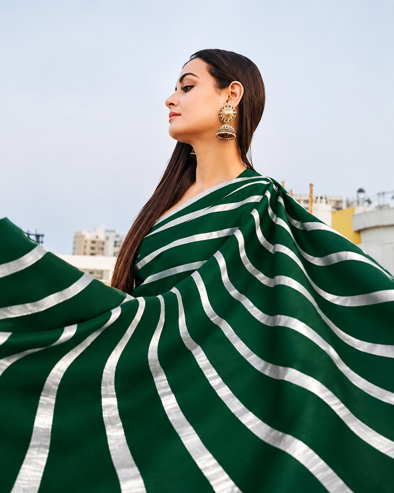 Dia Mirza in Pure Katan Silk Banarasi Handloom Saree - Silver Zari Stripe