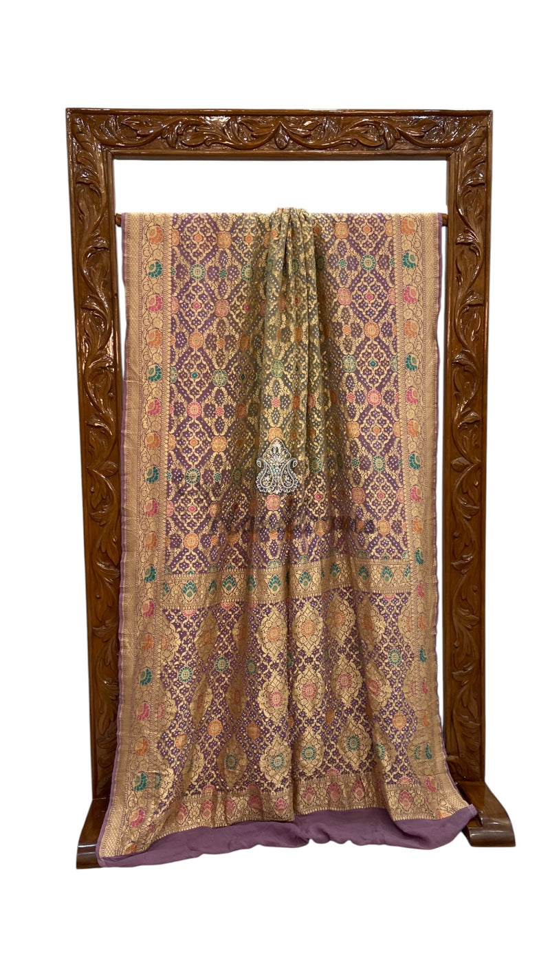 Pure Georgette Banarasi Bandhej Handloom Saree - Meenakari - The Handlooms