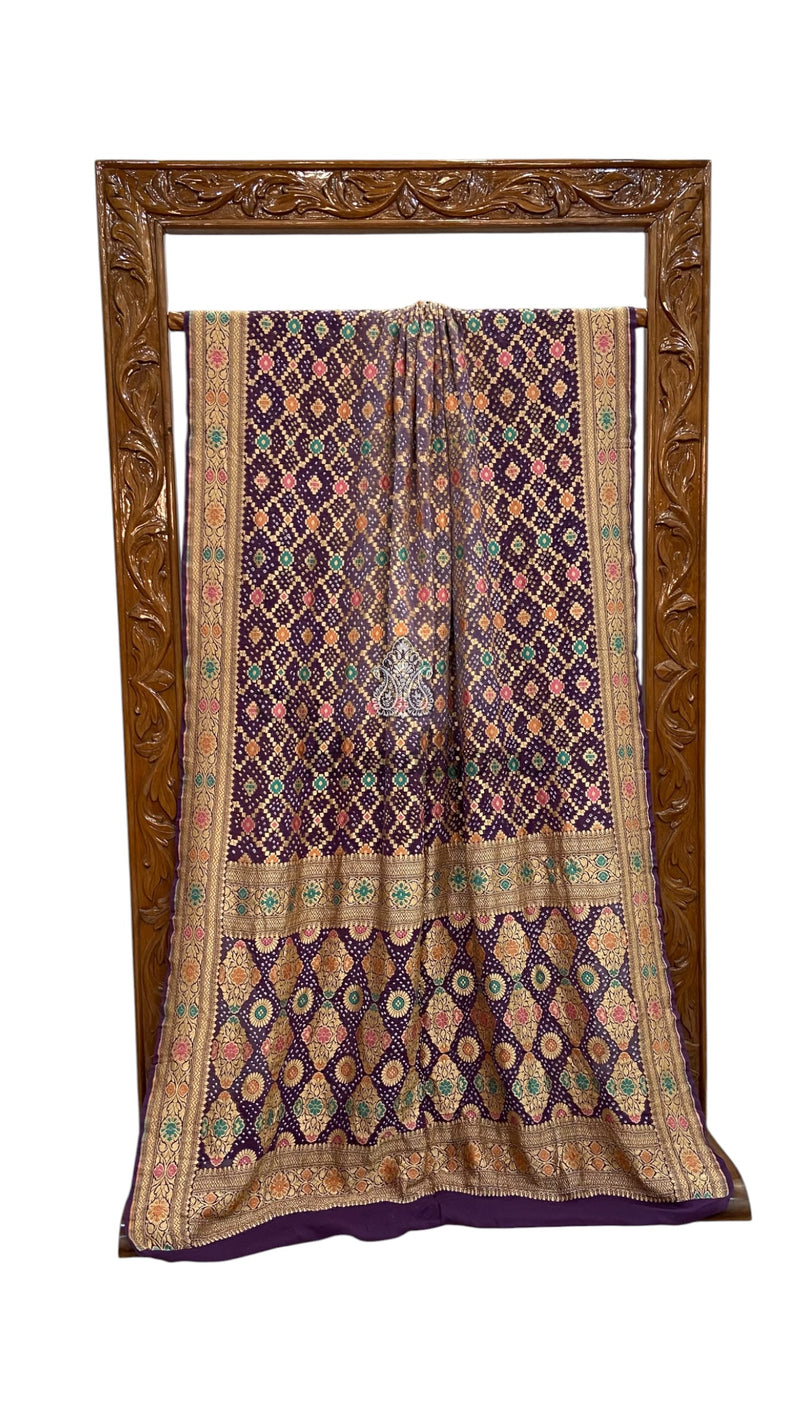 Pure Georgette Banarasi Bandhej Handloom Saree - Meenakari - The Handlooms