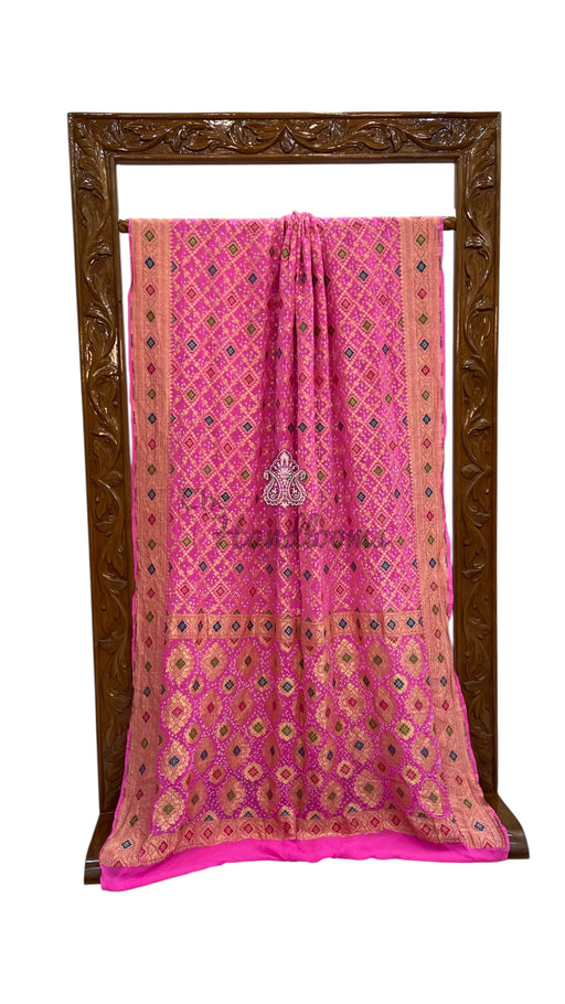 Pure Georgette Banarasi Bandhej Handloom Saree - Meenakari - The Handlooms