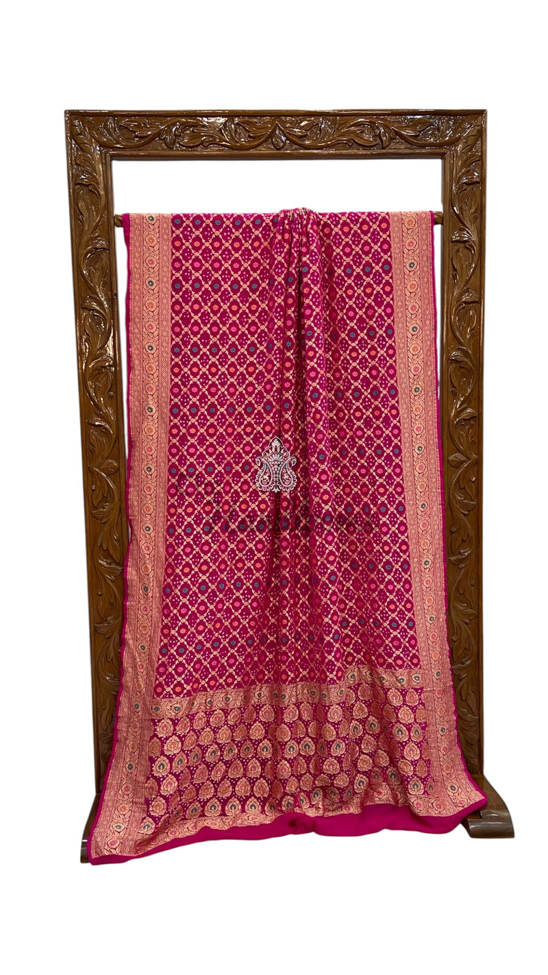 Pure Georgette Banarasi Bandhej Handloom Saree - Meenakari - The Handlooms