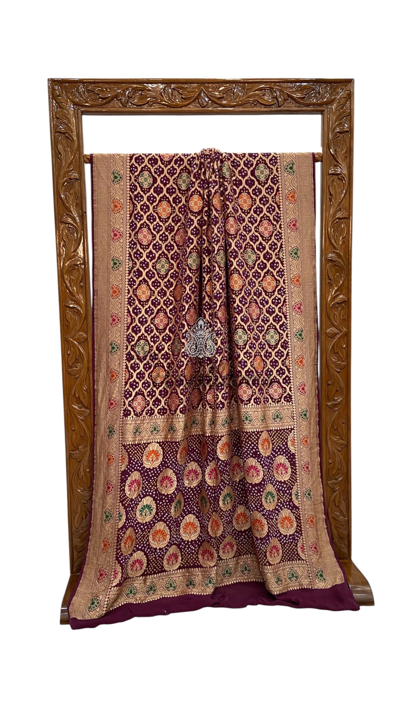 Pure Georgette Banarasi Bandhej Handloom Saree - Meenakari - The Handlooms