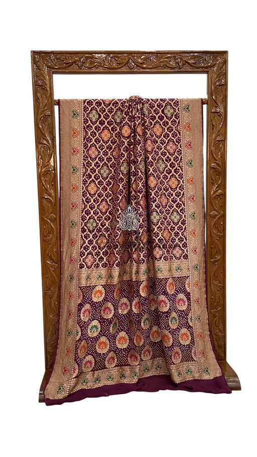 Pure Georgette Banarasi Bandhej Handloom Saree - Meenakari - The Handlooms