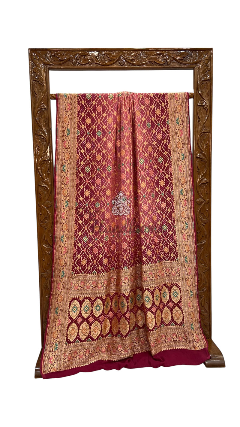 Pure Georgette Banarasi Bandhej Handloom Saree - Meenakari - The Handlooms