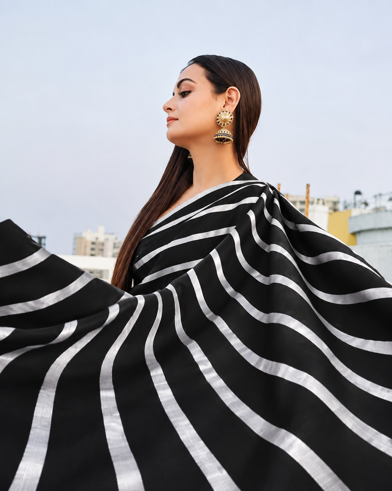 Dia Mirza in Pure Katan Silk Banarasi Handloom Saree - Silver Zari Stripe